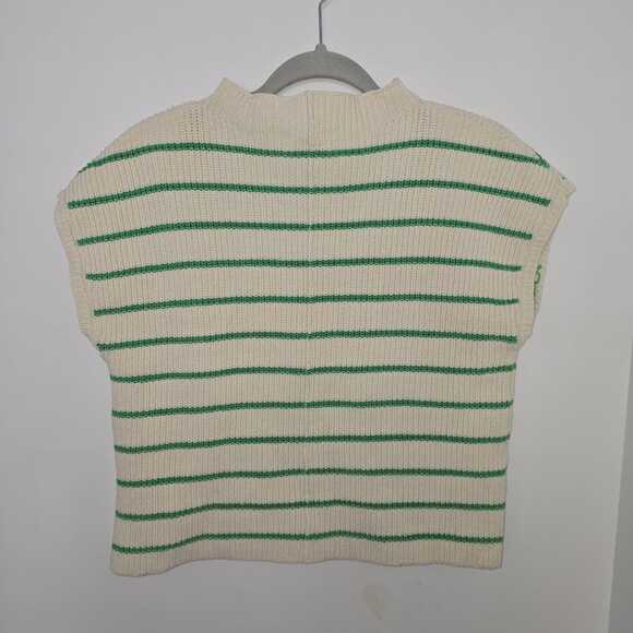By Together Striped Knit Sweater Vest M Cream & Green Cotton Mock Neck Preppy - Picture 3 of 5